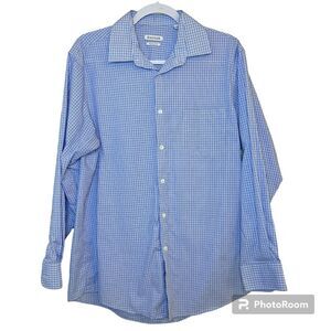 Haggar Men’s Regular Fit Blue Checkered Print Dress Shirt Size 15-15.5